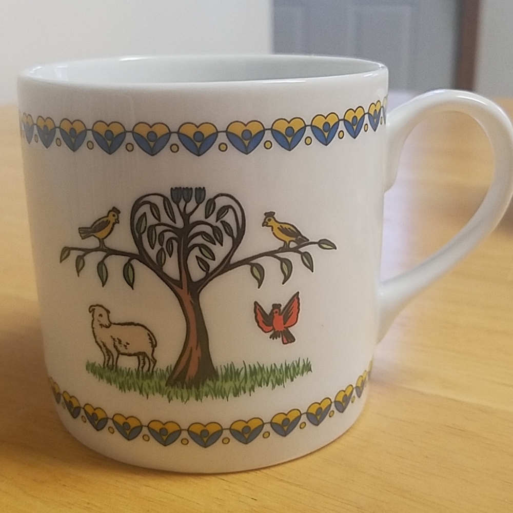 Swedish Spring Mug with Tree, Birds, Lamb, Hearts